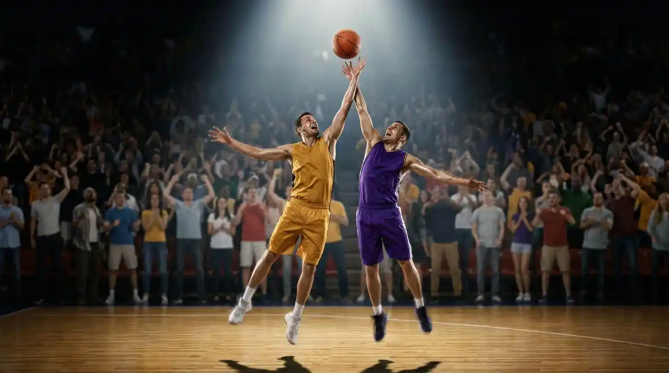 Azione difensiva intensa sotto canestro durante una partita di playoff NBA con pubblico in piedi