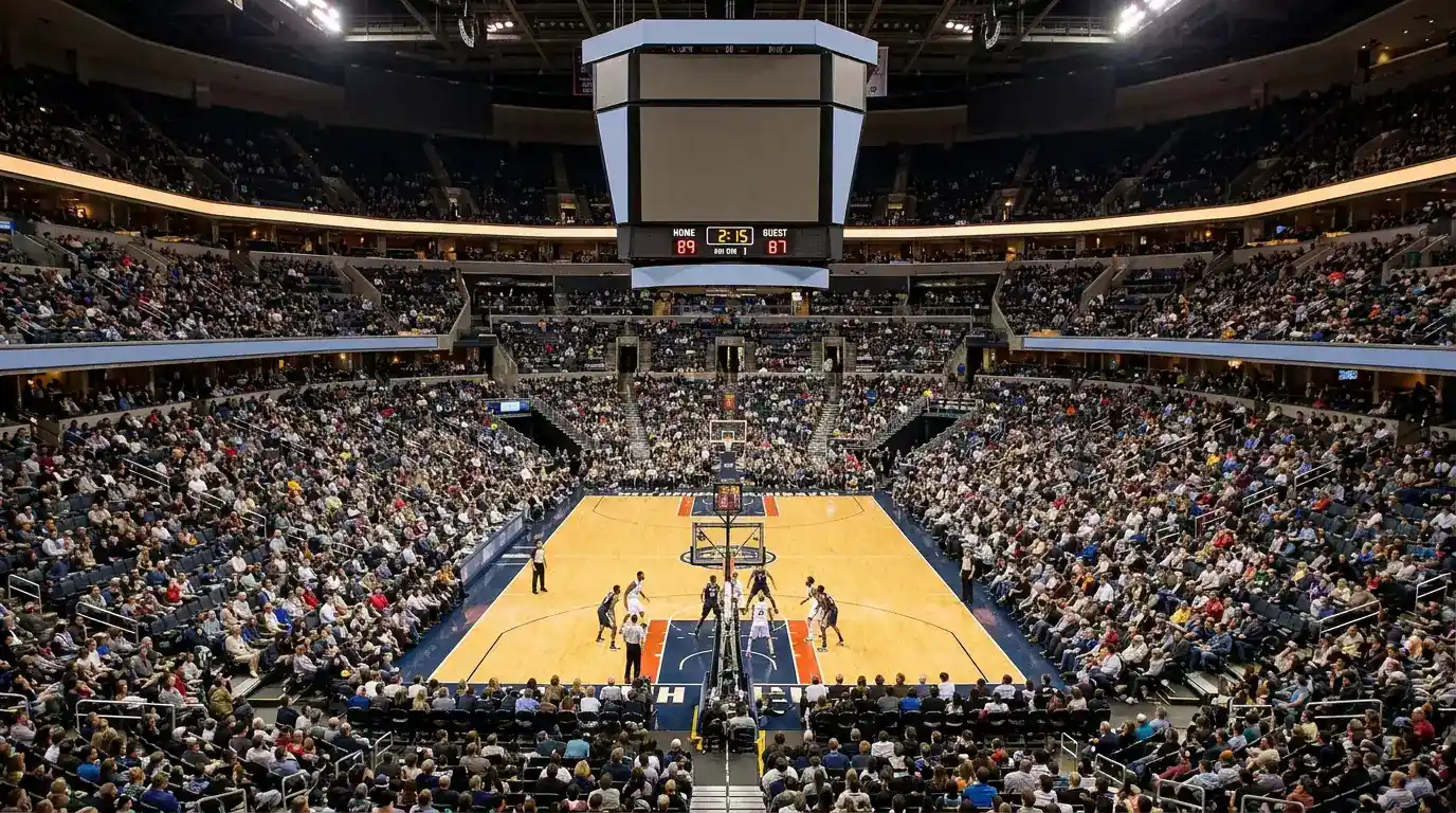 Arena NBA piena di pubblico durante una partita di stagione regolare con illuminazione da prima serata
