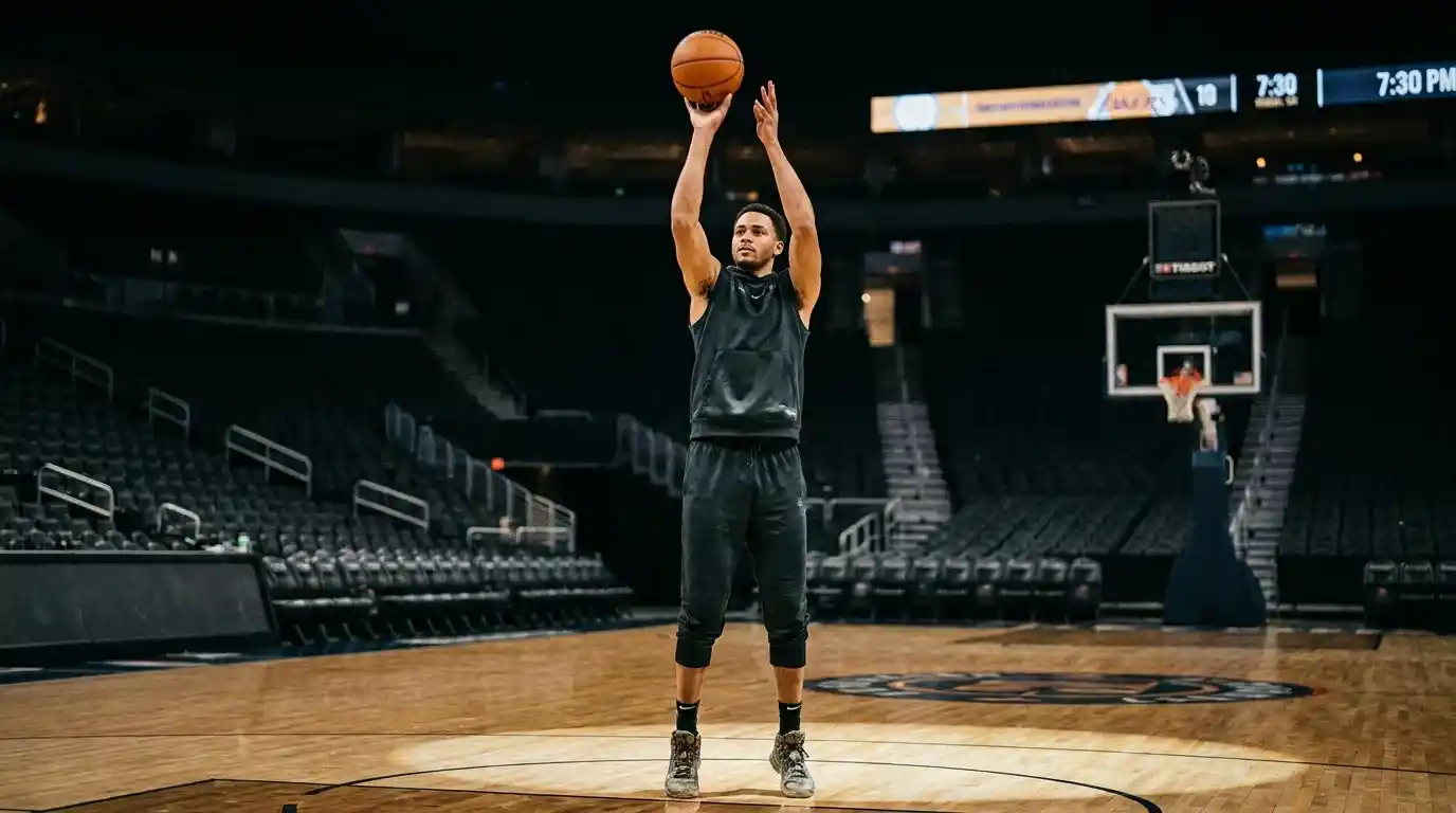 Stella NBA durante il riscaldamento pre-partita davanti al canestro in arena vuota