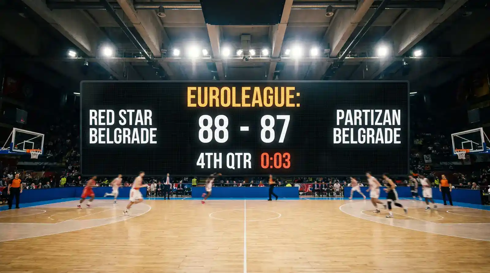 Tabellone luminoso con punteggio di una sfida di Eurolega tra Olimpia e una rivale continentale
