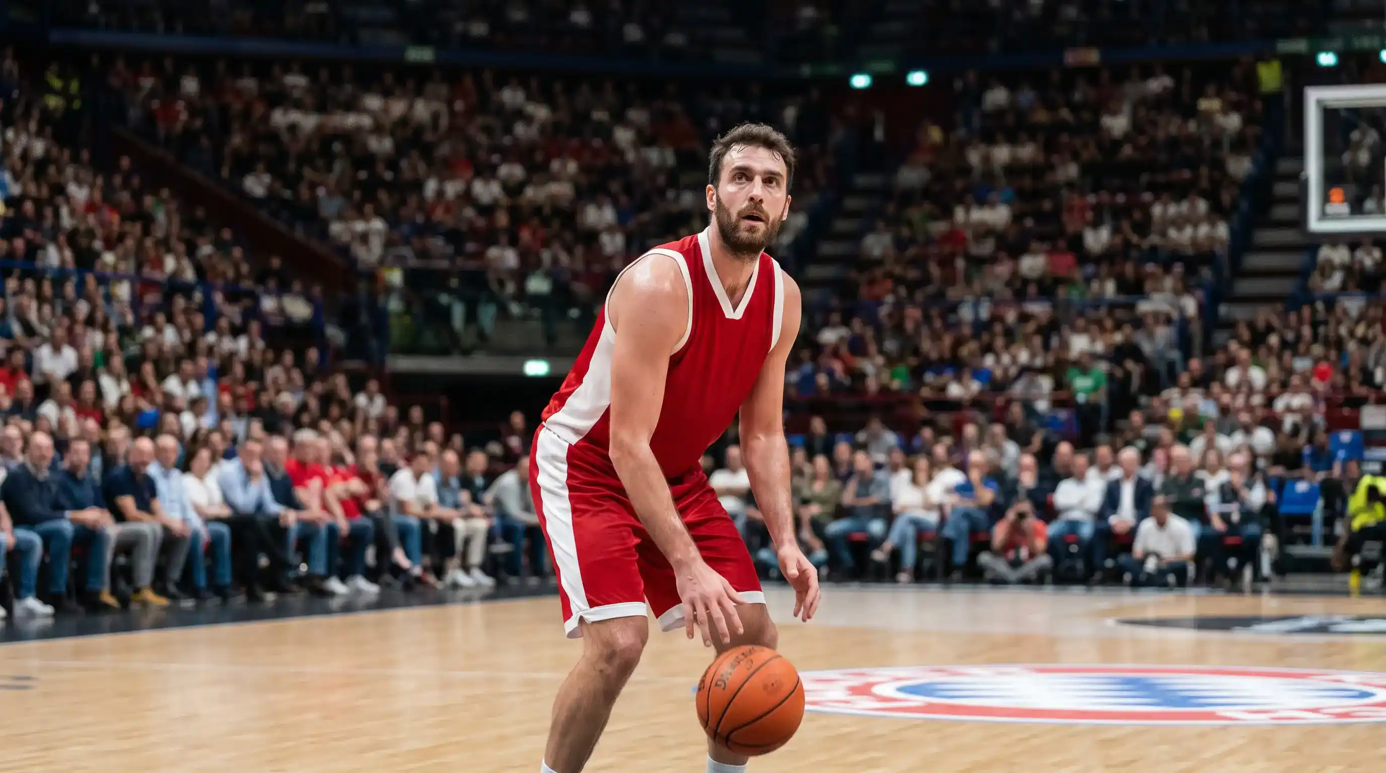 Cestista in maglia Eurolega di squadra italiana si prepara al tiro libero davanti a un pubblico numeroso