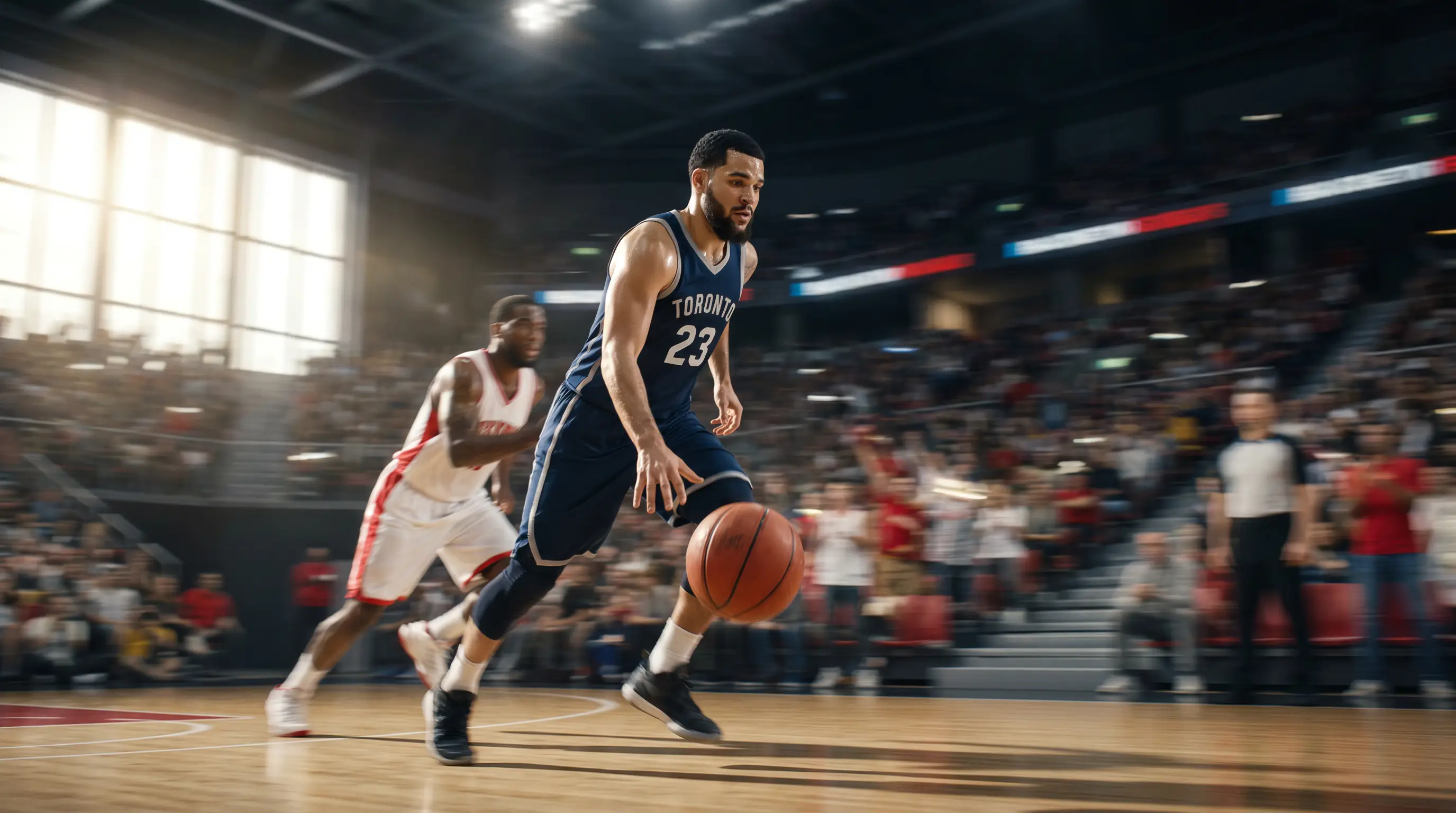 Azione veloce di transizione in una partita NBA con palla in volo