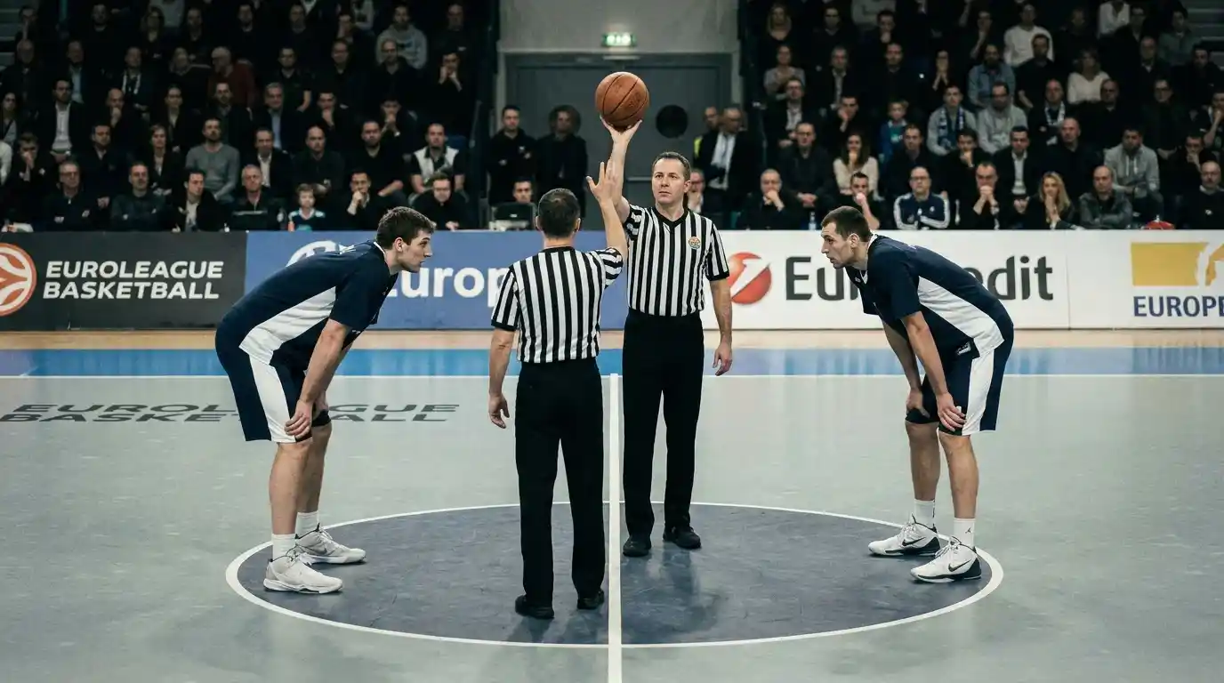 Arbitri al centro del parquet di Eurolega per il salto a due