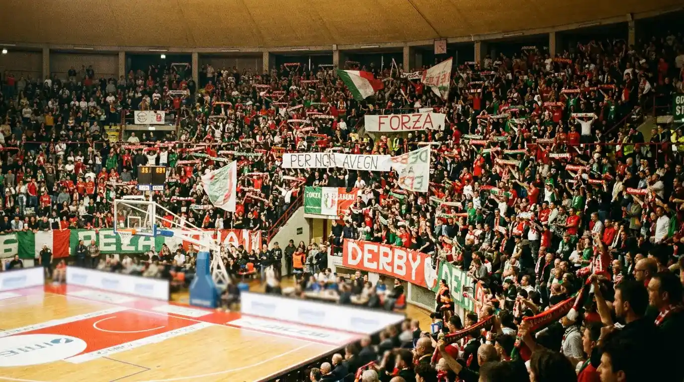 Tribuna piena di tifosi italiani durante un derby di Serie A LBA
