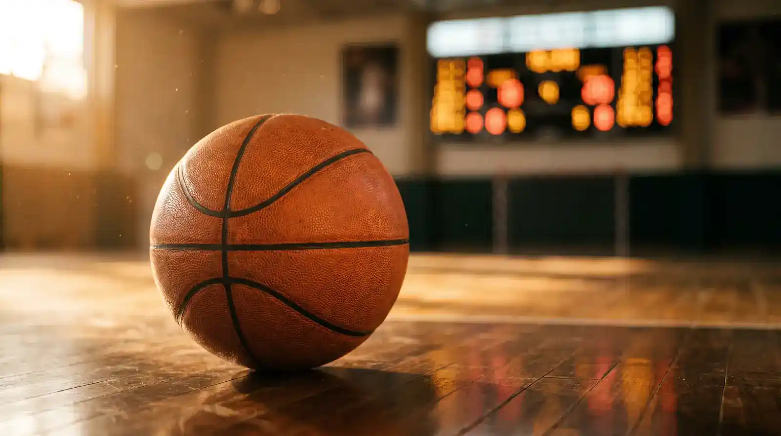 Pallone da basket arancione su parquet con sfondo di tabellone segnapunti sfocato