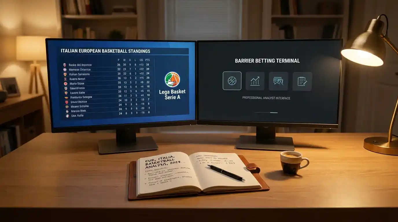 Scrivania dell'analista con doppio schermo dedicato al play-in Eurolega