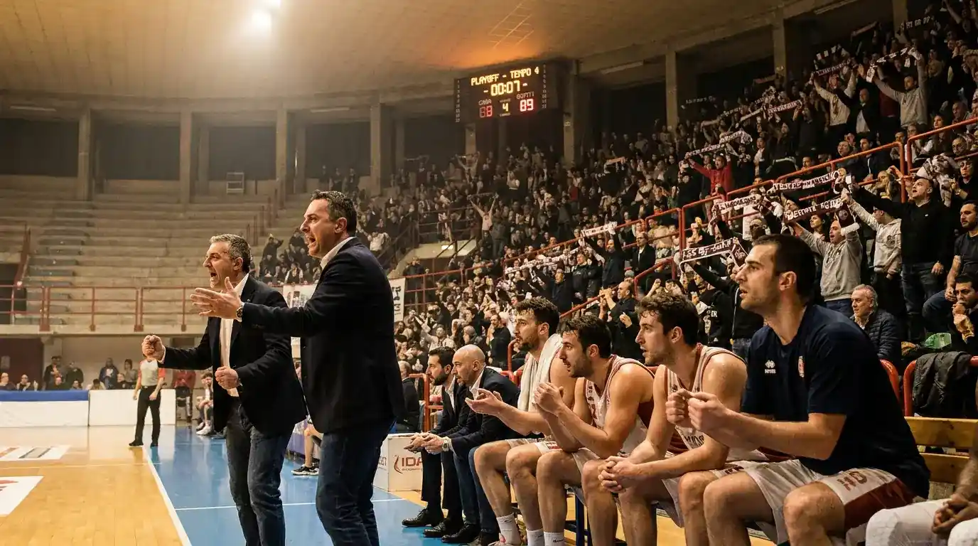 Atmosfera tesa di una partita di playoff scudetto LBA in palazzetto pieno