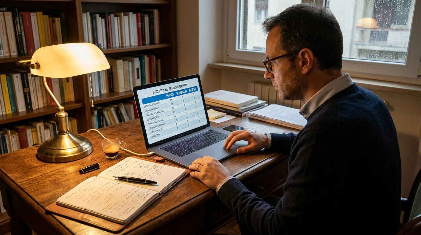 Analista al laptop che studia i primi quarti delle partite di basket
