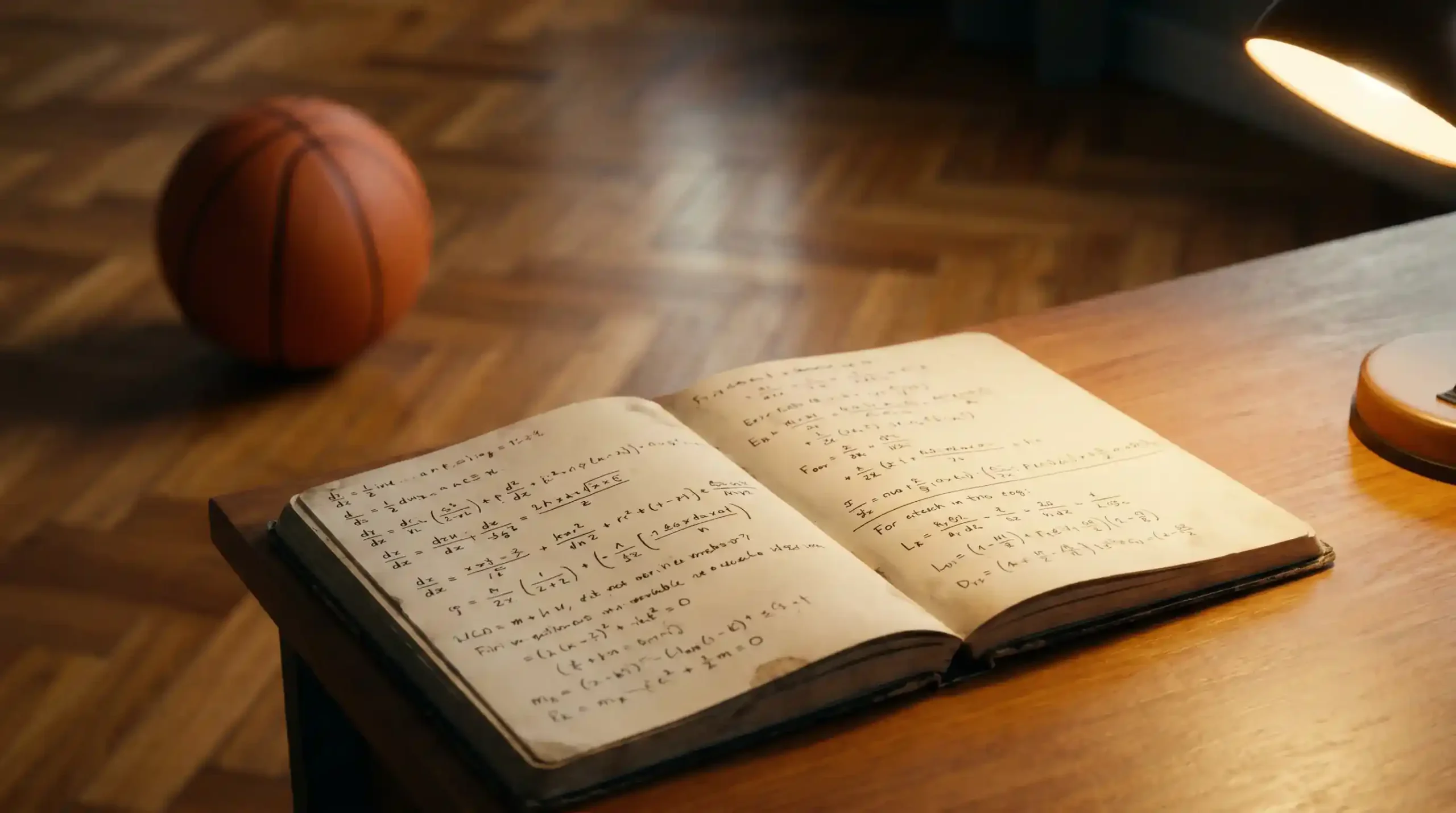 Quaderno aperto con formula matematica scritta a mano dietro un canestro di basket