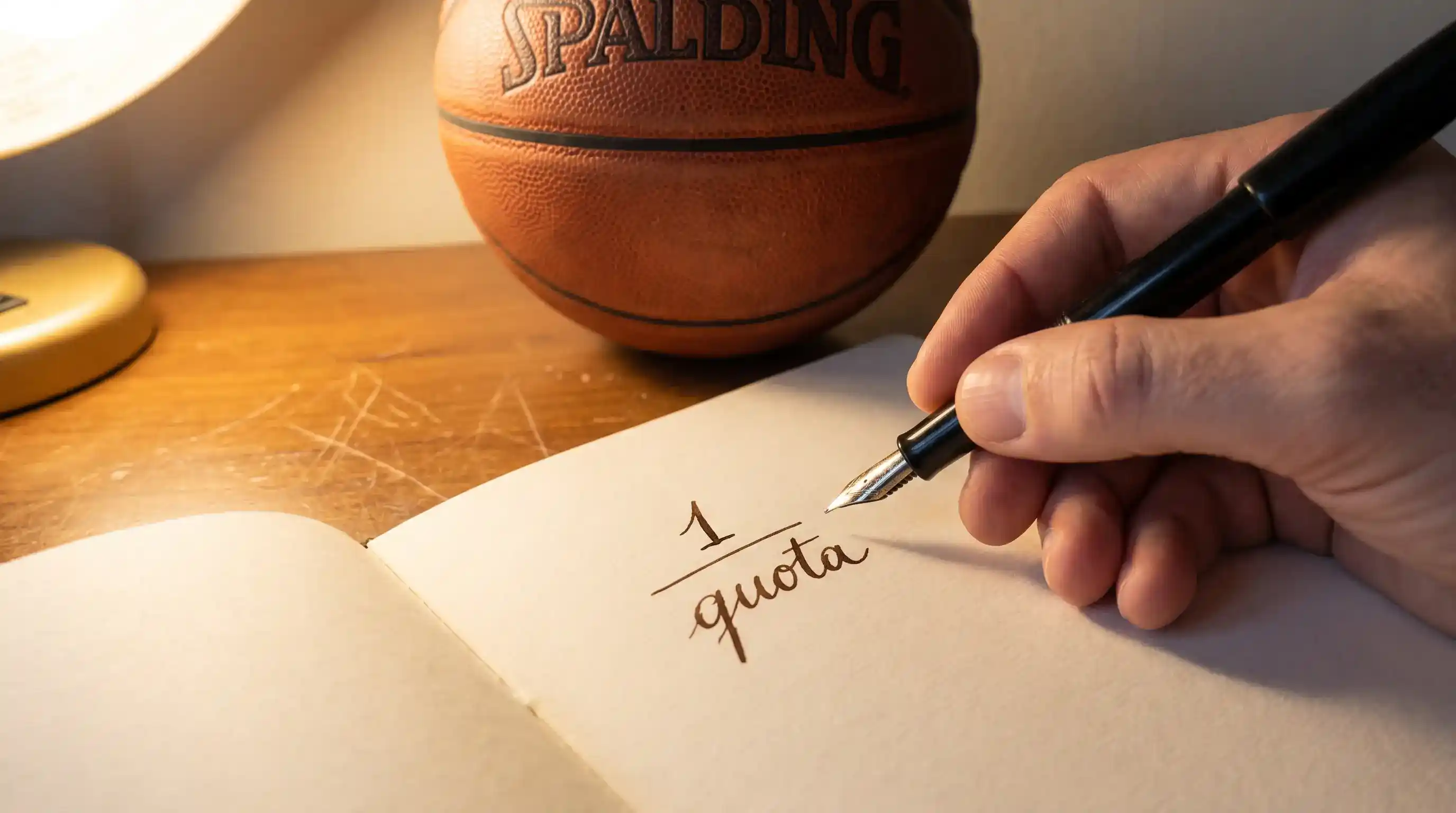 Mano che scrive una formula di probabilità su un quaderno aperto accanto a un pallone da pallacanestro arancione