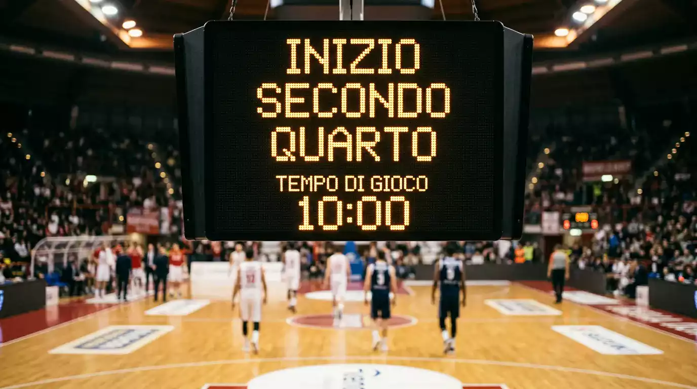 Cronometro di partita di basket in primo piano durante il cambio quarto
