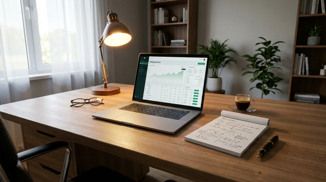 Scrivania dell'analista con laptop e block notes dedicati ai mercati frazionati