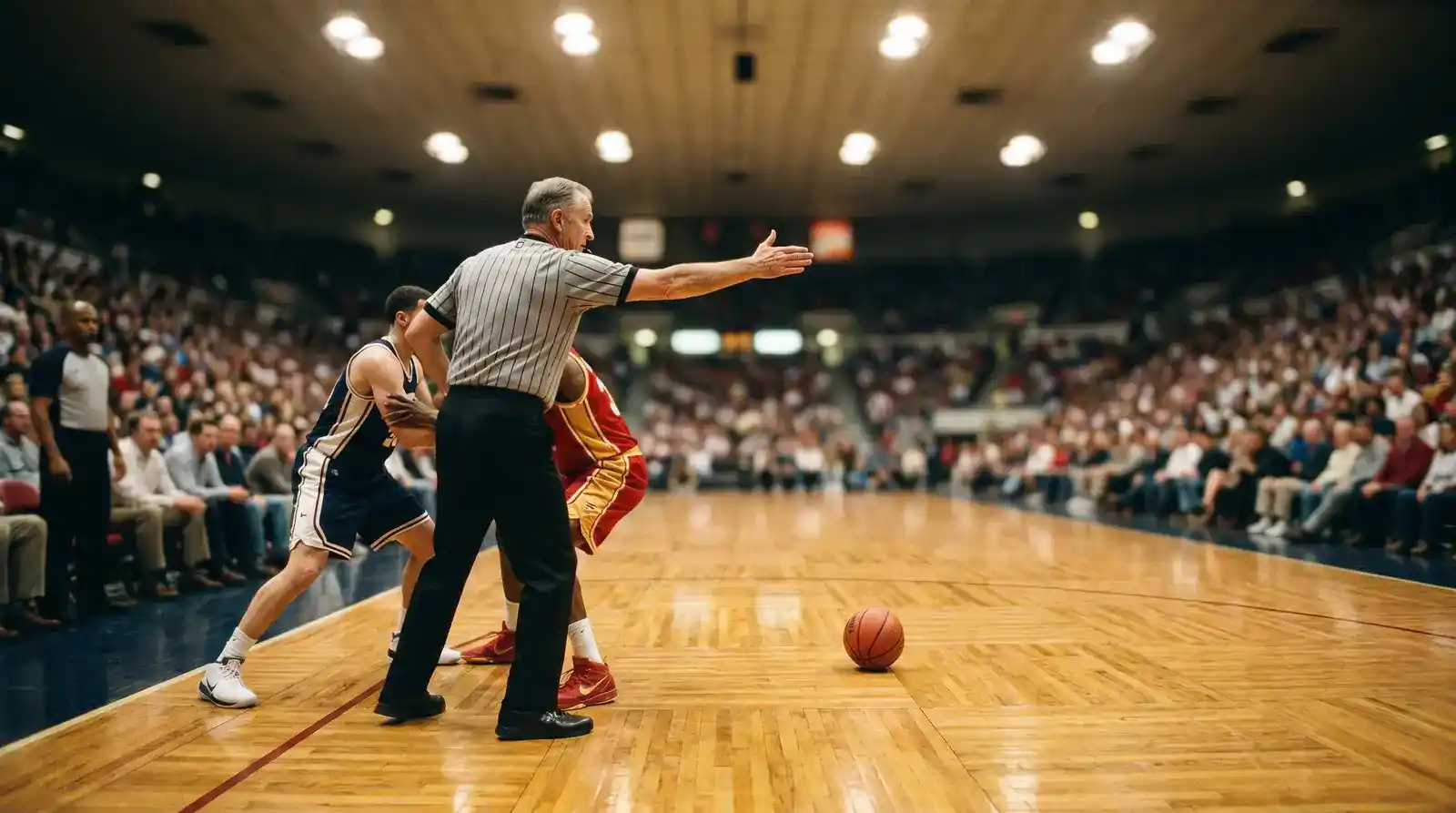 Arbitro che assegna il quinto fallo a un giocatore durante una partita di basket