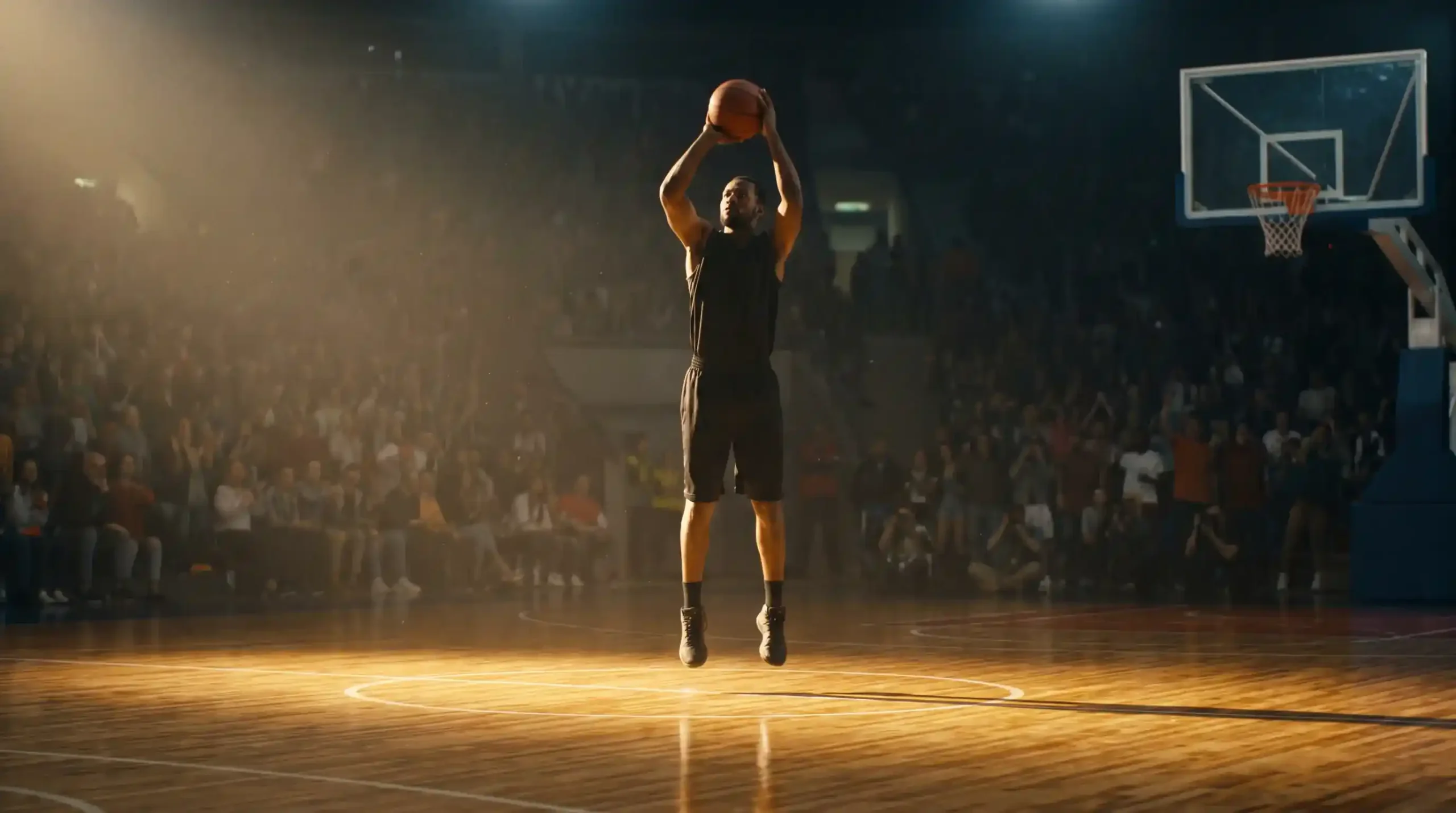 Giocatore NBA in azione con palla in mano sul parquet di un'arena americana