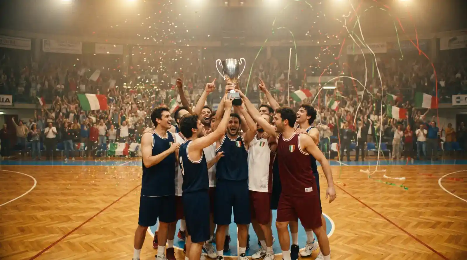 Squadra di Serie A LBA festeggia in campo lo scudetto del basket italiano