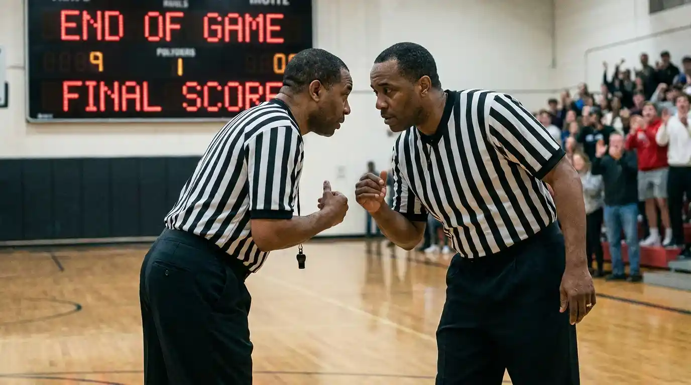 Arbitri sul parquet che gestiscono una situazione di fine partita