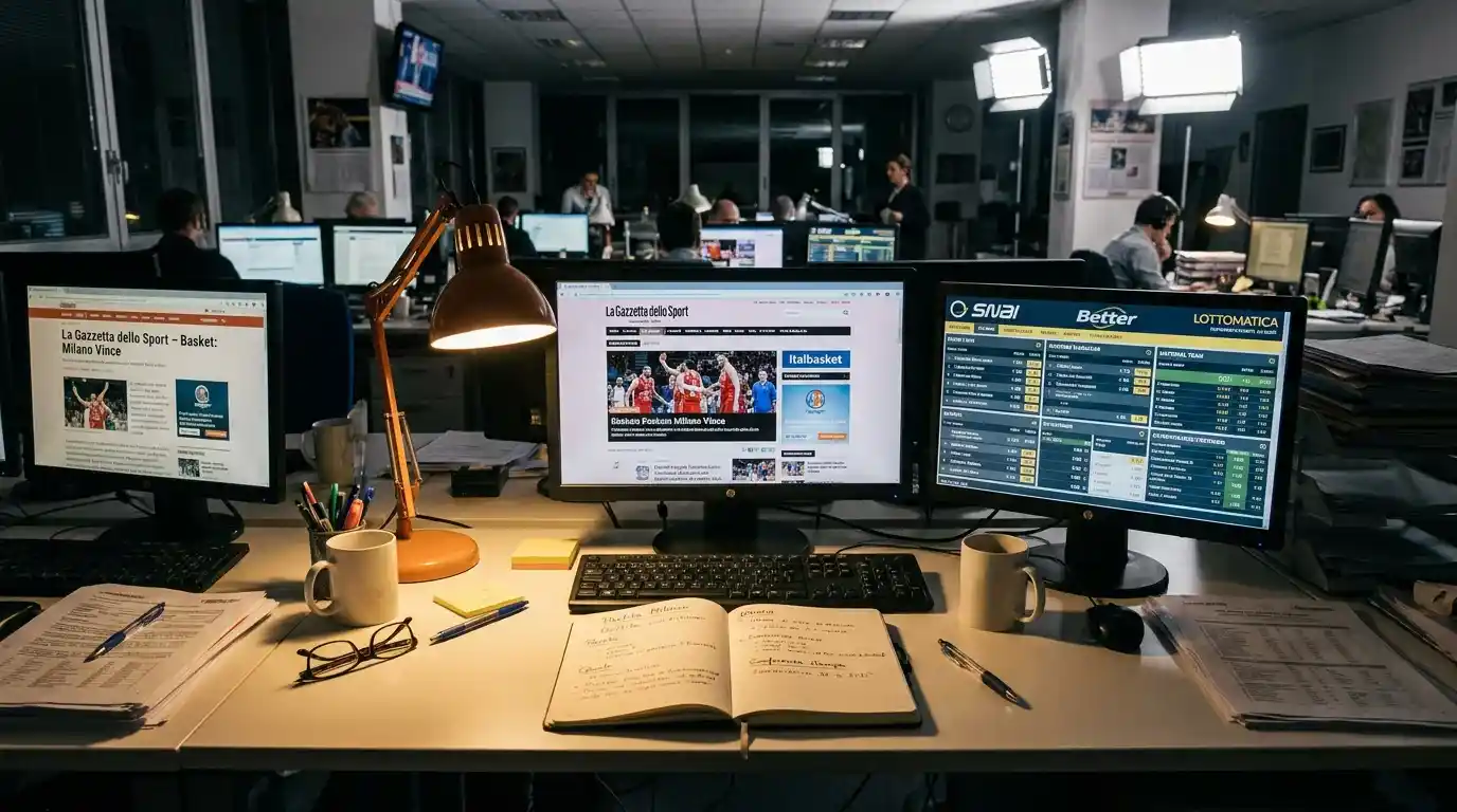 Redazione sportiva con monitor dedicati alle scommesse delle nazionali di basket