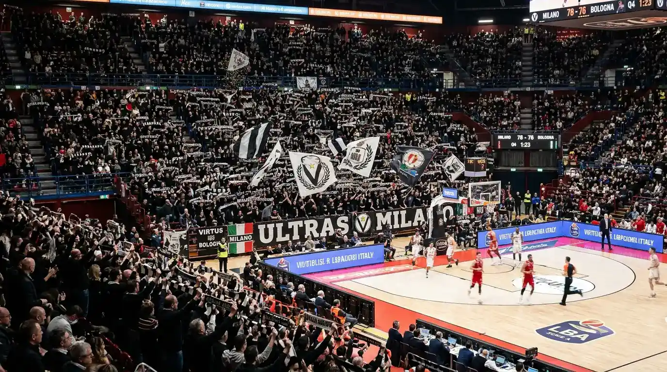 Tifosi della Virtus Bologna in tribuna alla Segafredo Arena durante una partita di campionato