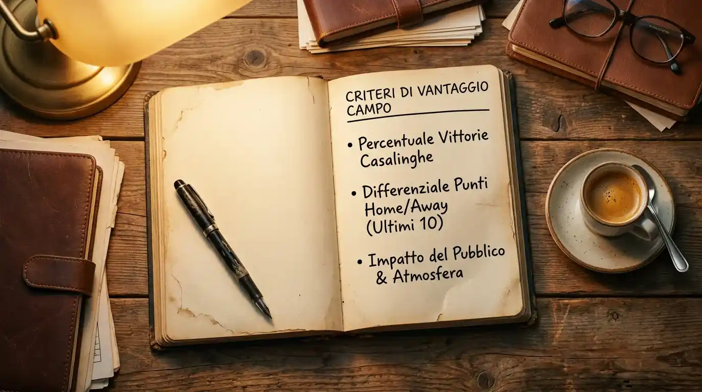 Quaderno dell'analista con criteri scritti per la selezione delle gare in base al fattore campo