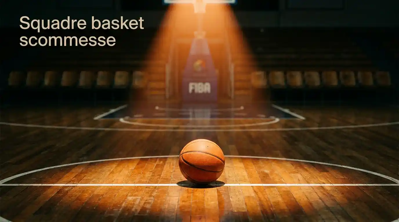 Pallone da basket arancione su parquet di un palazzetto italiano sotto luce calda da spotlight