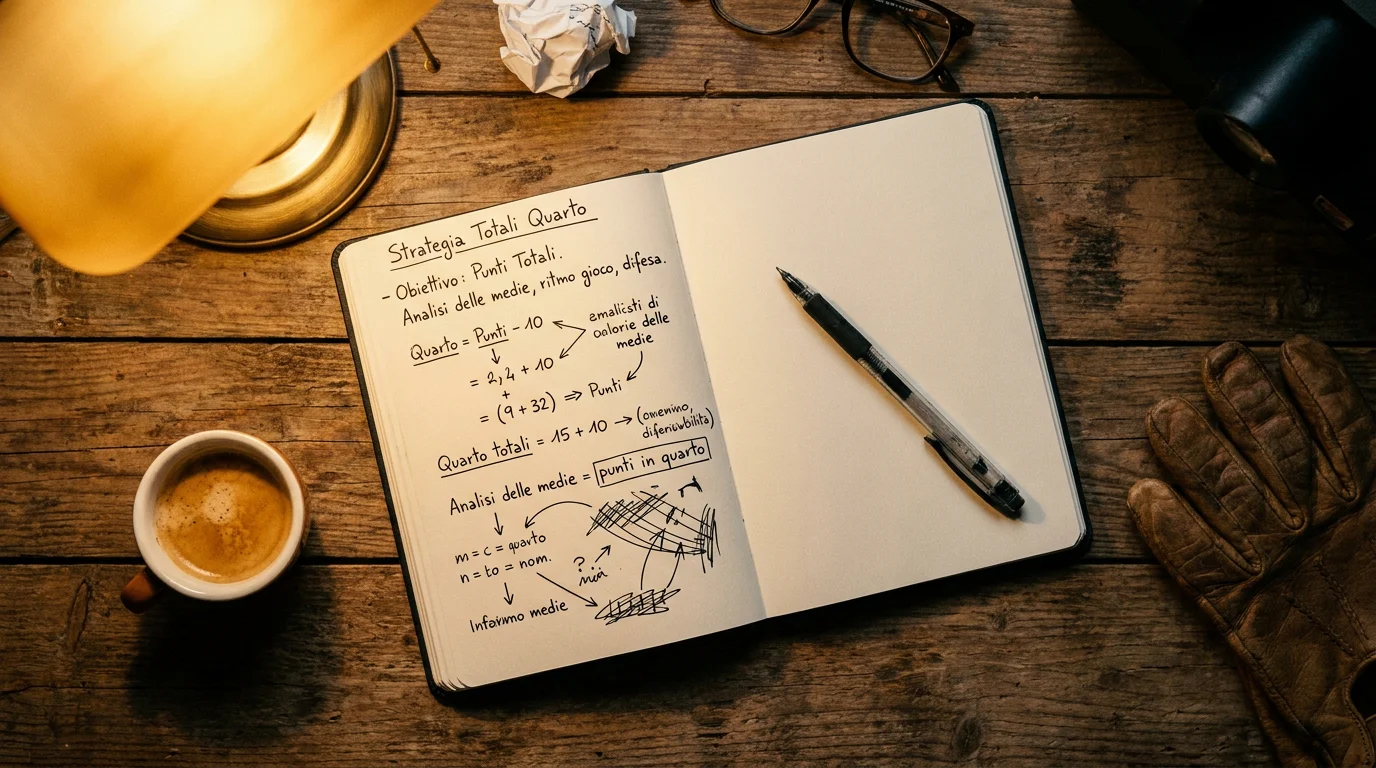 Block notes dell'analista con strategia scritta a mano sui totali di quarto