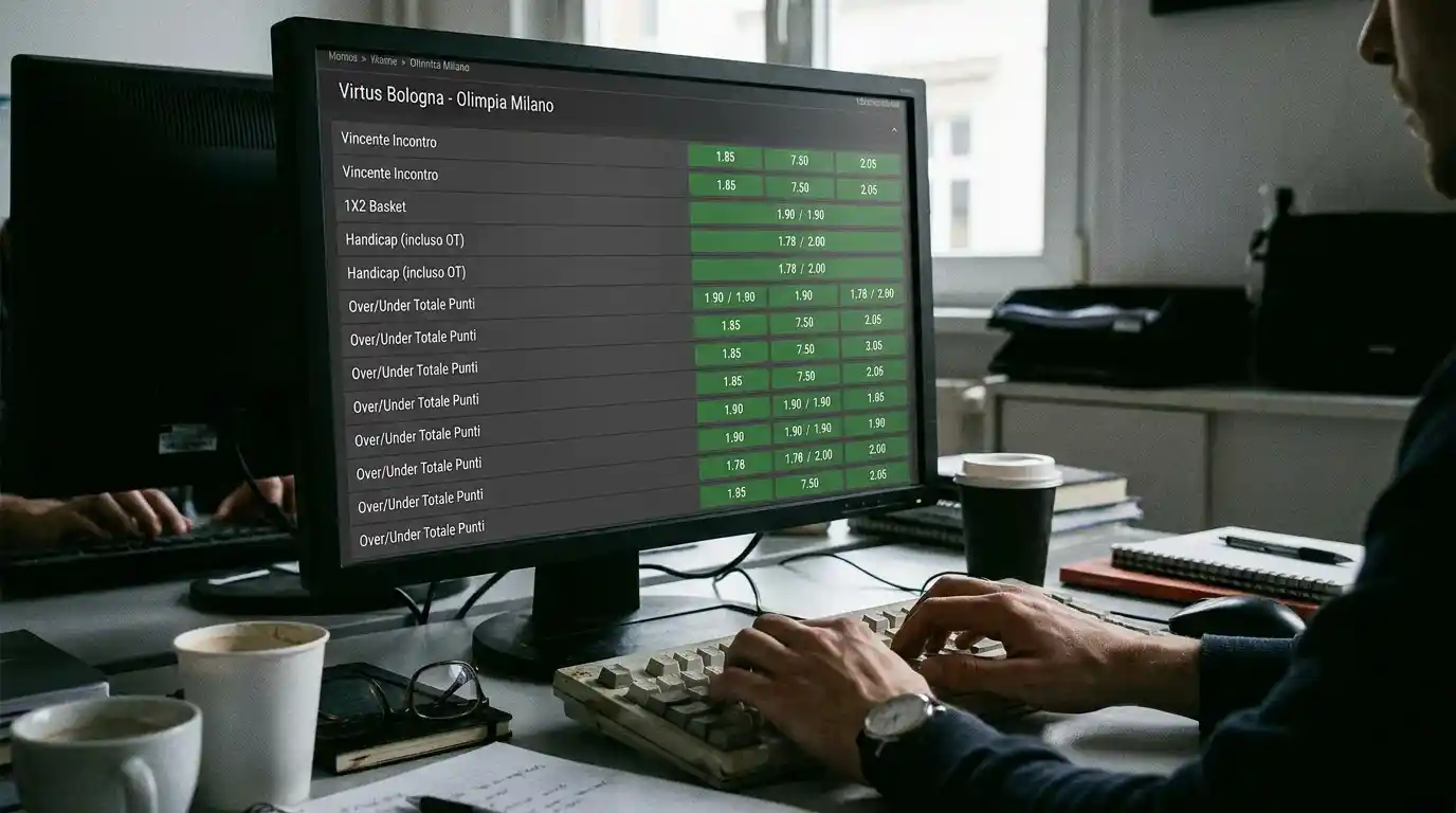 Schermo con la lista dei mercati di scommessa proposti dai bookmaker sulla Virtus Bologna