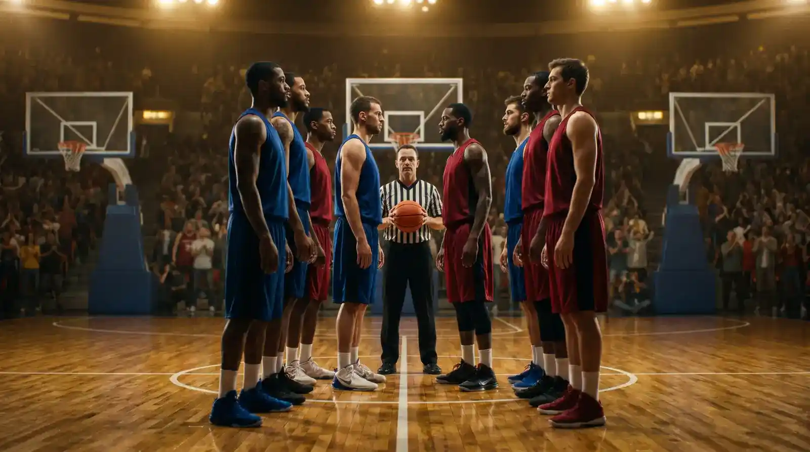 Due squadre di basket fronte a fronte al centro del parquet prima del tip-off