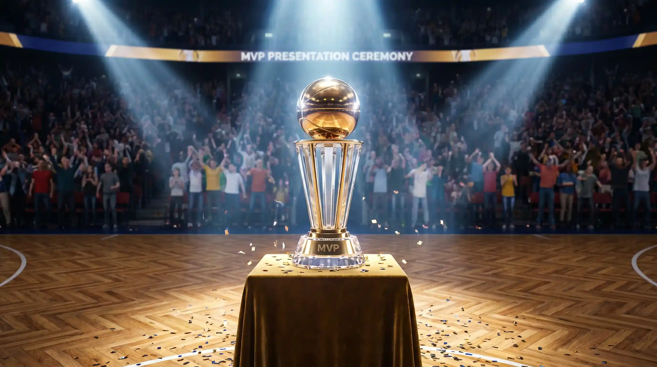 Cerimonia di consegna del trofeo MVP NBA sul parquet a fine stagione