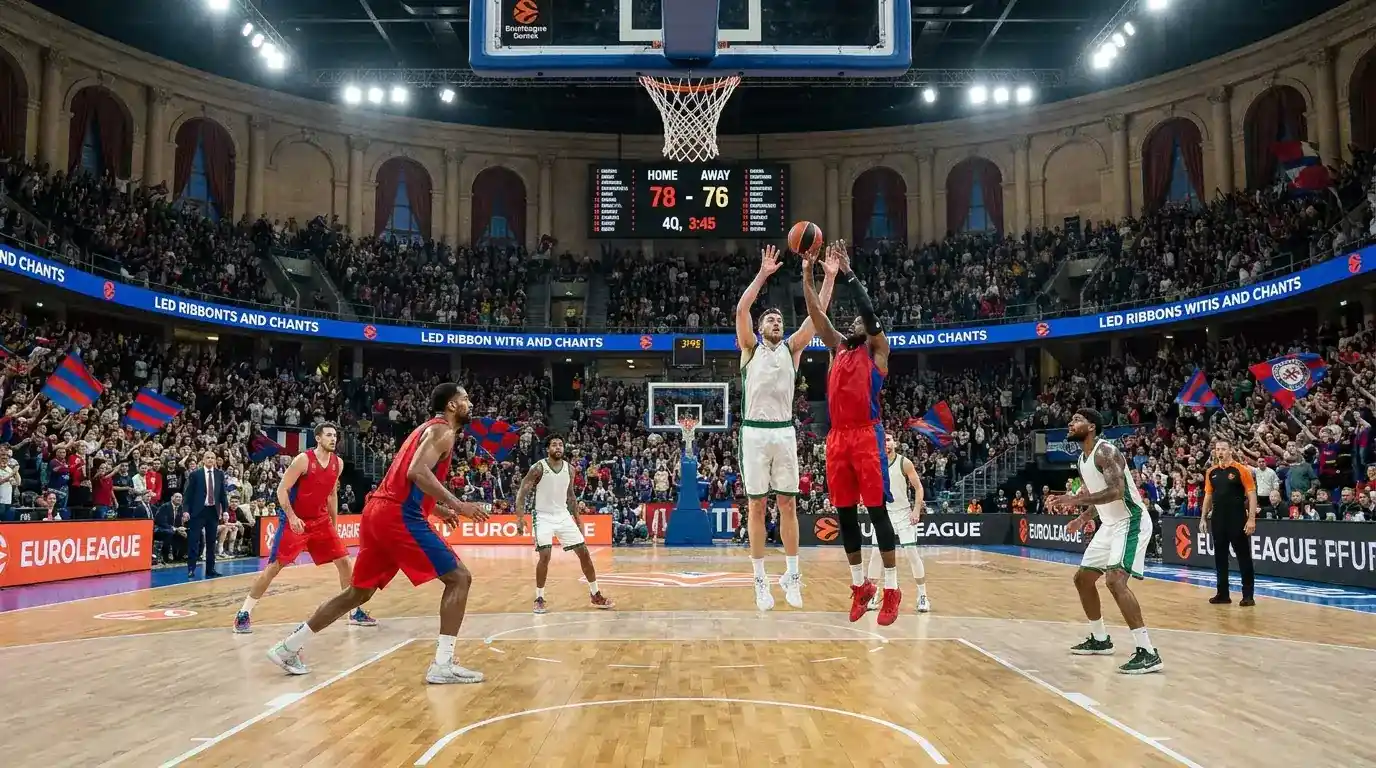 Partita di Eurolega in corso con tabellone segnapunti visibile sullo sfondo