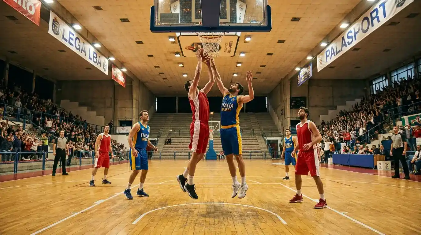 Squadra di Serie A LBA in attacco al palazzetto durante una partita del campionato italiano