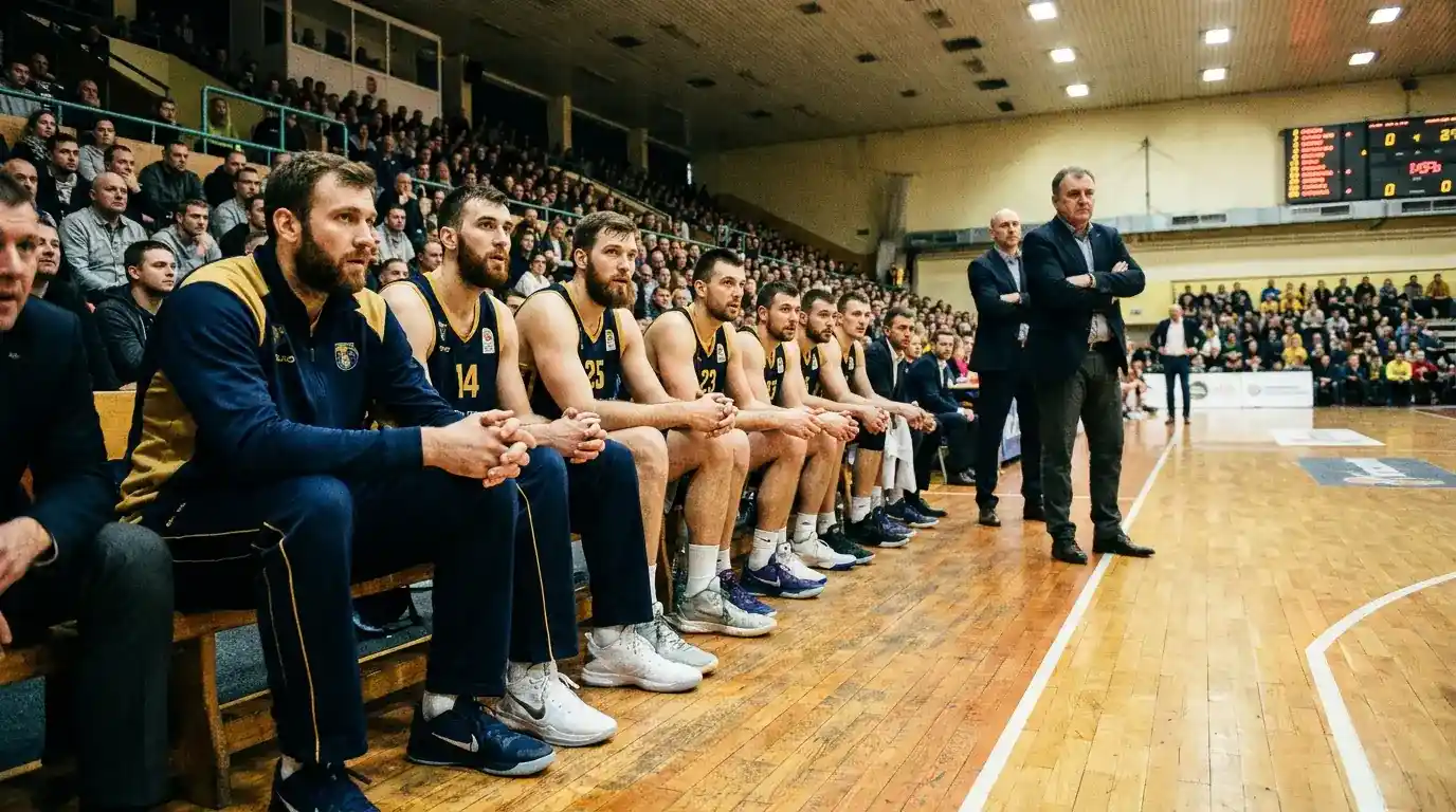 Giocatori in panchina che osservano con attenzione una partita di Eurolega