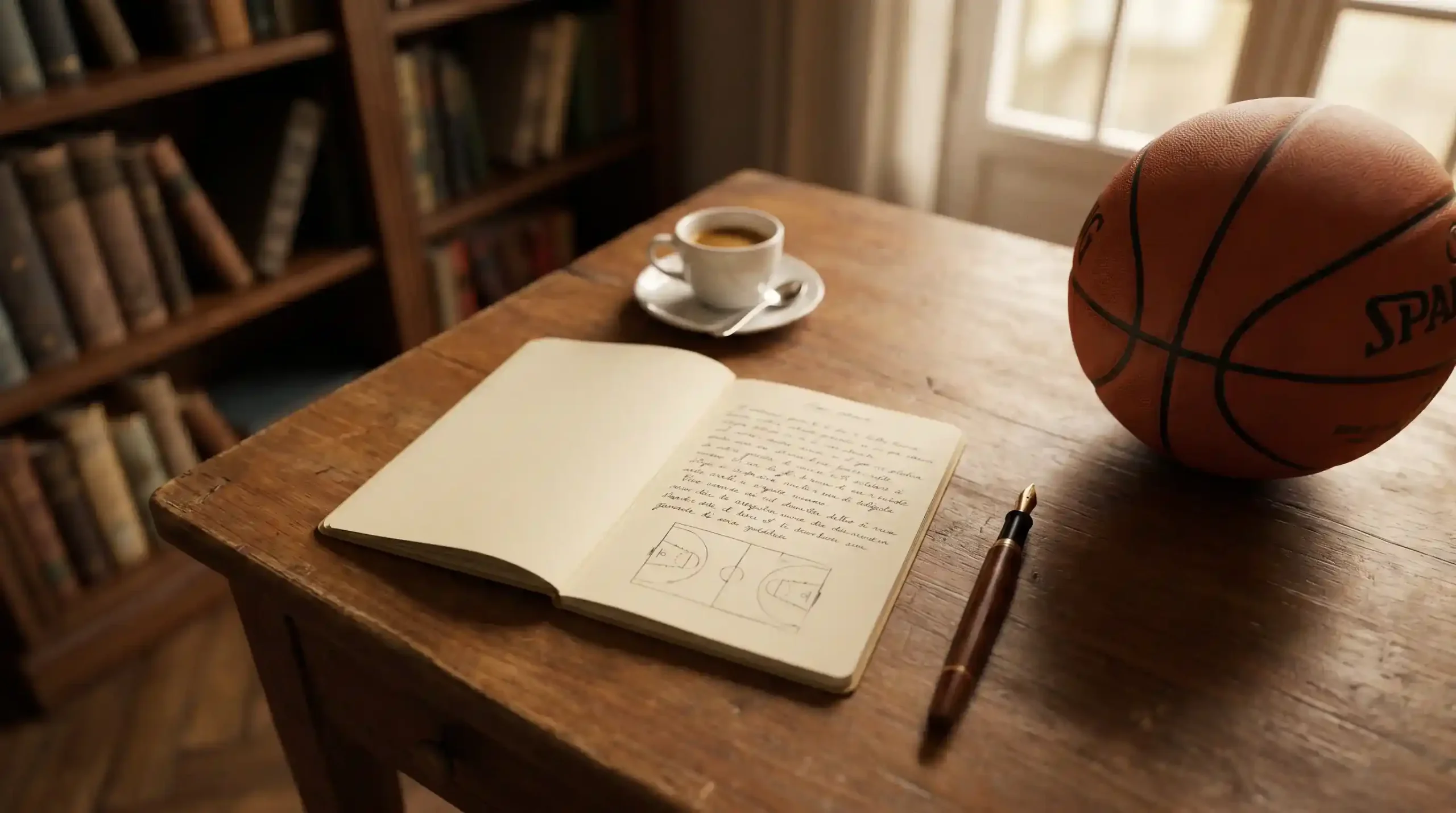 Quaderno aperto con appunti scritti a mano e pallone da basket su scrivania in legno illuminata da luce calda