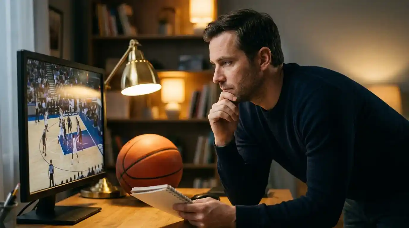 Analista sportivo in maglia neutra osserva una partita di pallacanestro su monitor da una scrivania ordinata