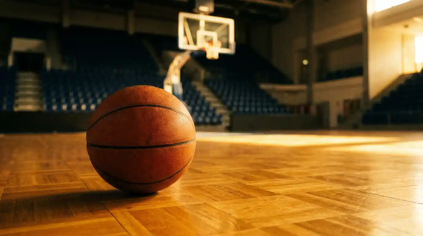 Logo dell'Eurolega su pallone da basket appoggiato sul parquet di un'arena